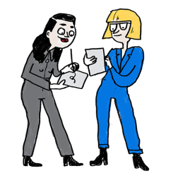 Illustration of two women comparing notes.